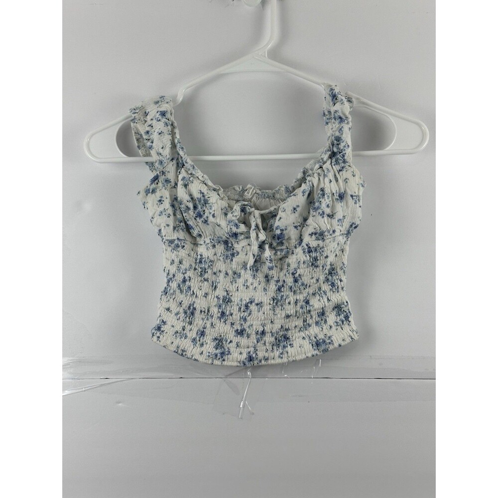 Women’s Smocked Crop Top Off-Shoulder Blue Floral Size P/S Rayon